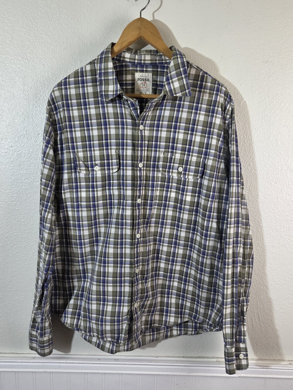 Fossil Mens XL 54 Plaid Button Up Shirt Green Blue Cotton Long Sleeve Casual